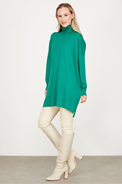 Tığ Triko Balıkçı Yaka Oversize Basic Triko Tunik YEŞİL