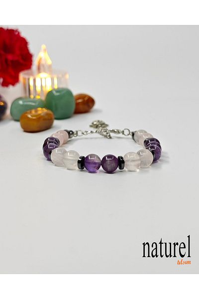 Naturel Tılsım Amethyst & Pink Quartz 8mm Natural Stone Women's Bracelet