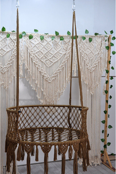 ALTINOLUK HAMAK 80'lik Makrome Salıncak Bahçe Balkon Salıncağı (KAHVE) Minder...