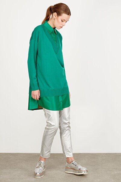 Tığ Triko GÖMLEK YAKALI DERİ DETAYLI TRİKO TUNİK YEŞİL