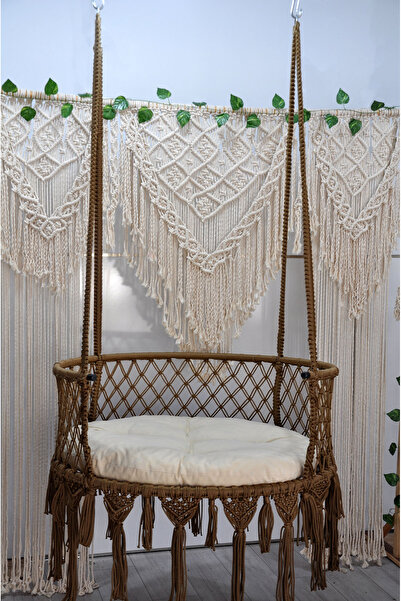 ALTINOLUK HAMAK 80'lik Makrome Salıncak Bahçe Balkon Salıncağı (KAHVE) Açık K...