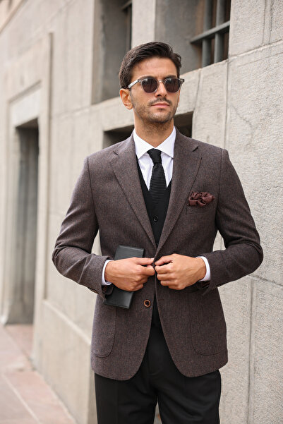 AEK FIORE Erkek Kahverengi Balıksırtı Yün Kaşmir Ceket