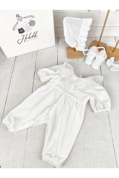 Hobidik Baby Girl Off-White Silk Velvet Cream Laced Jumpsuit