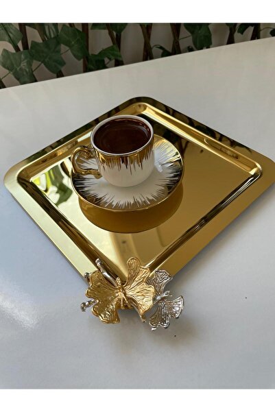 SUNARTHOME LÜKS KELEBEK DETAYLI GOLD PASLANMAZ ÇELİK DEKORATİF&SUNUM KARE TEPSİ