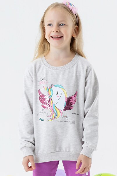 Breeze Kız Çocuk Sweatshirt Unicorn Baskılı 2-6 Yaş, Gri Melanj