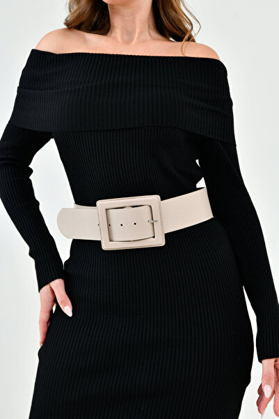 WOMAN VISION Black Faux Beige Leather Belt with Wide Band and Buckle Design 15525