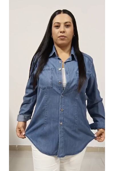 AKŞEN GİYİM Blugi subțiri din bumbac de mărime mare, țesătură denim, guler de cămașă, mâneci pliabile, două buzunare, cămașă clasică de jeans