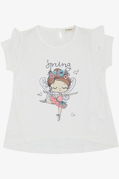 Breeze Ballerina Patterned Girl's T-Shirt - Spring Themed, 1.5-5 Years, White