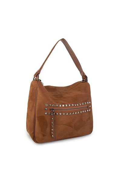 Nas Bag Tan Suede Women's Shoulder Bag - Studded and Light