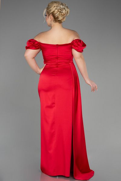 Abiyefon Long Red Boat Neck Leg Low-cut Satin Plus Size Evening Dress Abu1626