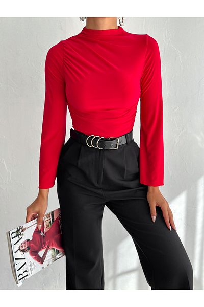 QUTTA Women's Red Stand Collar Spanish Sleeve Shoulder and Side Gathered Long Sleeve Blouse