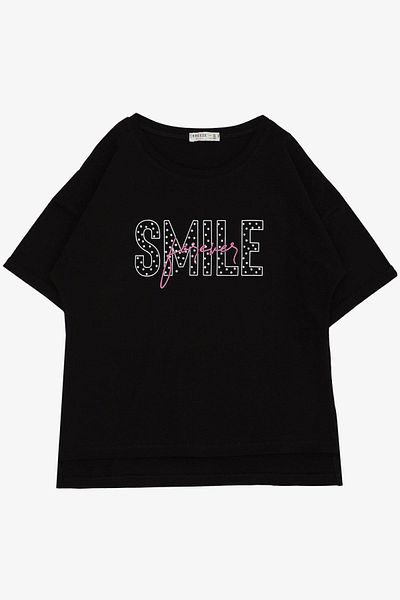 Breeze Tricou pentru fetiță cu imprimeu Smile - Detaliat în piatră, 9-16 ani, negru