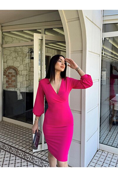 Mekafashion Kruvaze Yaka Midi Boy Kalem Elbise 58706