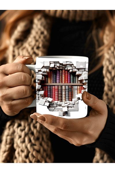 Evion Bookshelf Library Printed 3D Design Ceramic Mug - Gift Mug Cup