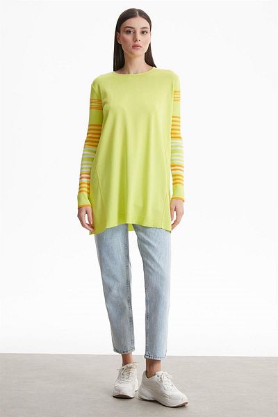 Tığ Triko Sleeve Striped Basic Rayon Knitwear Tunic Lime