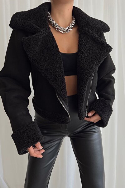 LOVEOFZI Kadın Siyah Nubuk Süet İçi Yünlü Kısa Ceket