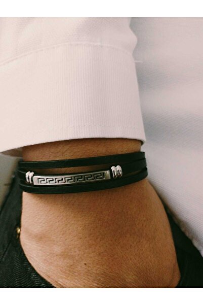 ONSUN Geleneksel Bordür Temalı Hakiki Deri ve Çelik Bileklik