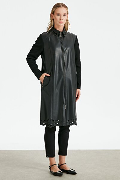 Tığ Triko Yaka Ve Etek Ucu Nakışlı Deri Hırka SİYAH