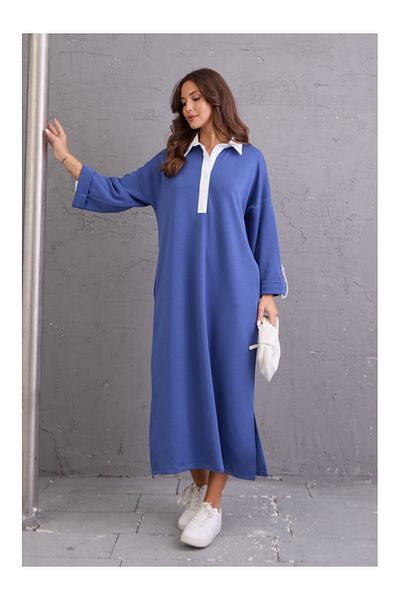 Elif Özbey Butik Modal φόρεμα με μπλε γιακά με λεπτομέρεια πουκάμισου