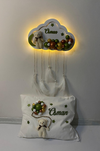Ahşaplan Bubble Ledli Bebek Bulut Kapı Süsü ve Yastık Takımı | Bebek Odası Yeni Doğan Takımı