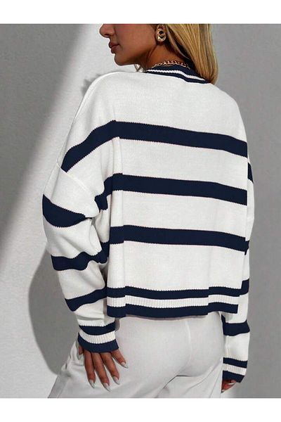 Bengi Clothing Pulover de damă, alb, bleumarin, cu dungi, cu decolteu triplu