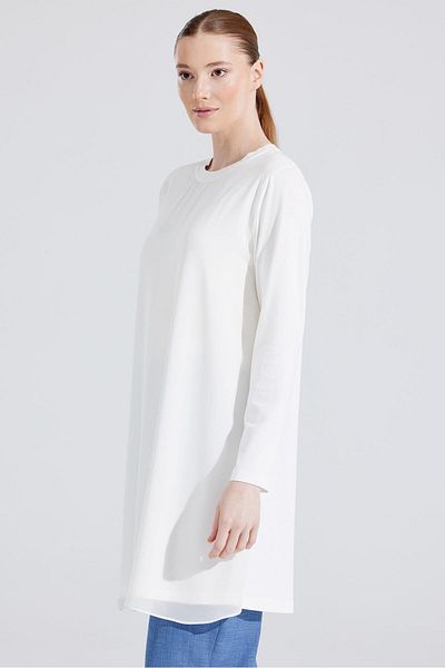 Tığ Triko White Long Sleeve Crew Neck Tunic
