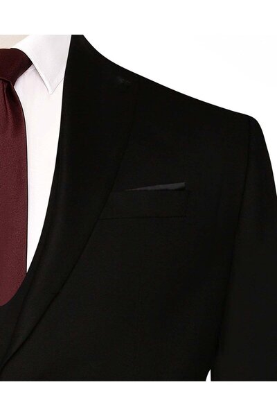 SÜVARİ Süvari 6 Drop Slim Fit Siyah Yelekli Düz Takım Elbise