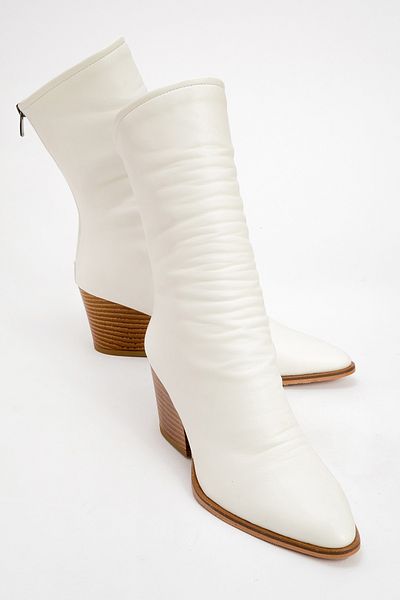 LuviShoes Laval White Skin Back Zipper Women's Thick Heeled Boots