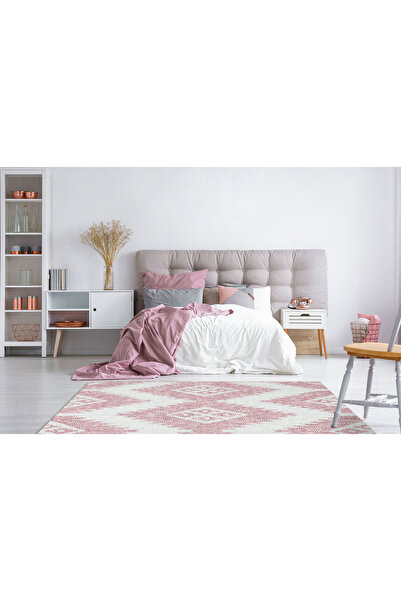 Eko Halı Afr 03 Pınk Whıte - Afro - Naturel Yıkanabilir Modern Desenli El Dokuma Hint Kilim