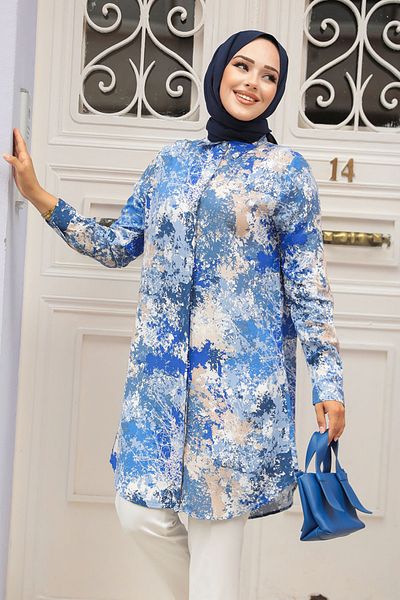 Neva Style تونيك فيسكوز منقوش باللون الأزرق النيلي - حجاب 11707IM