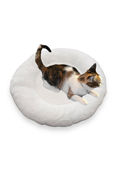 Oto Aksesuarcım Pernă rotundă pentru animale de companie din pluș cu blană moale pisică 50cm albă