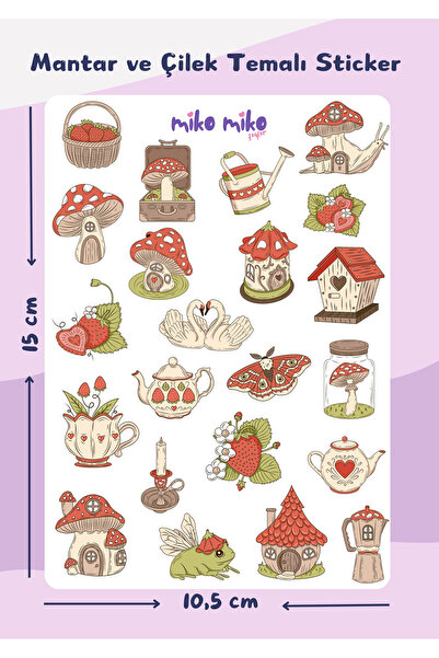 Miko Miko Şeyler Mantar ve Çilek Temalı Sticker Sayfası / Bullet Journal / St...