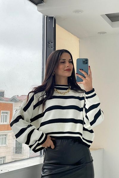 Bengi Clothing Pulover Crop de damă, alb, negru, cu dungi