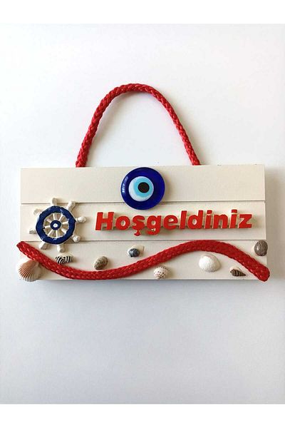 AKIN AKSESUAR HEDİYELİK Sea Shell Marine Themed Wooden Decorative Door Ornament with Evil Eye Beads and Welcome Lettering