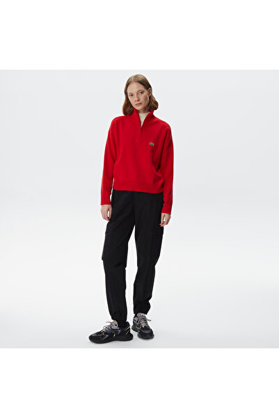Lacoste Kadın Relaxed Fit Yarım Fermuarlı Kırmızı Triko