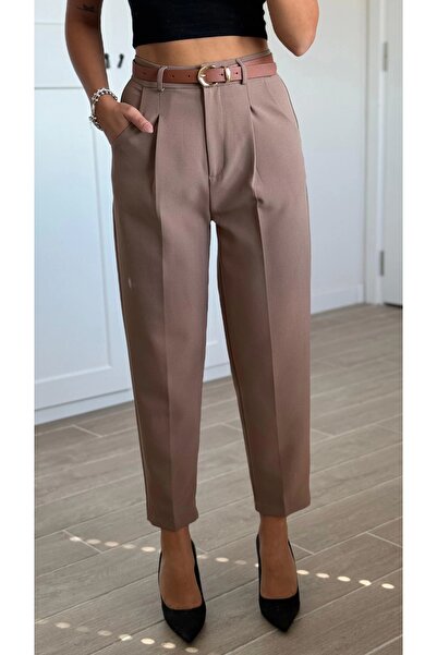 Myra Yüksek Bel Kemerli Dar Paça Kadın Pantolon Kahverengi