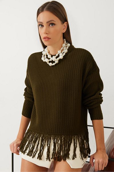 Bianco Lucci Damen-Strickpullover mit Quasten am Saum 85001019
