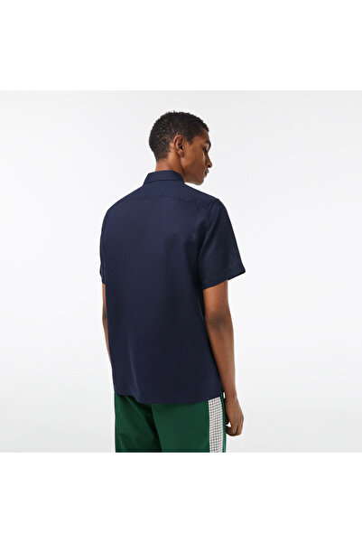 Lacoste Erkek Regular Fit Kısa Kollu Düğmeli Yaka Keten Lacivert Gömlek