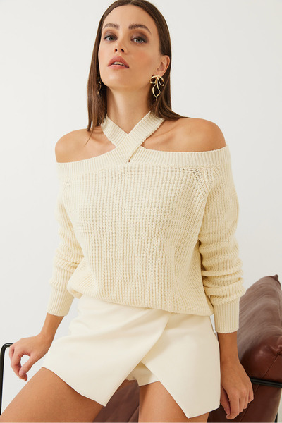 Bianco Lucci Dámský pletený svetr s křížovým řemínkem 85001017