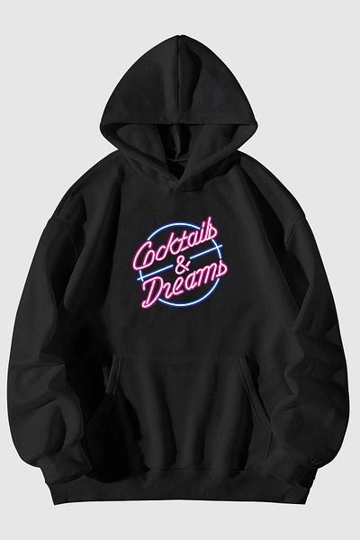 Harmandar Unisex Μαύρο φούτερ με κουκούλα - Cocktails Neon Printed, Hoodie Kangaroo Pocket