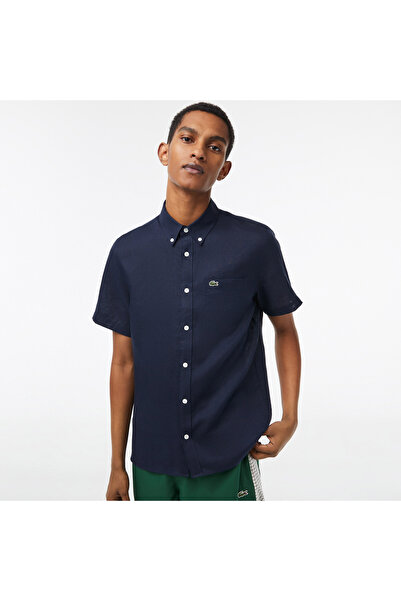 Lacoste Erkek Regular Fit Kısa Kollu Düğmeli Yaka Keten Lacivert Gömlek