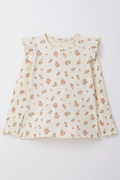 Breeze Girl's Long Sleeve T-Shirt Floral Frilly Shoulder Age 2-6, Cream