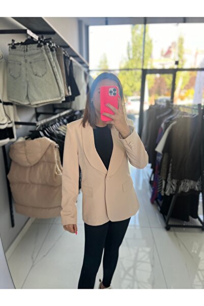 Şevval saraç butik Krem Rengi Dabıl Krep Kumaş Blazer Ceket