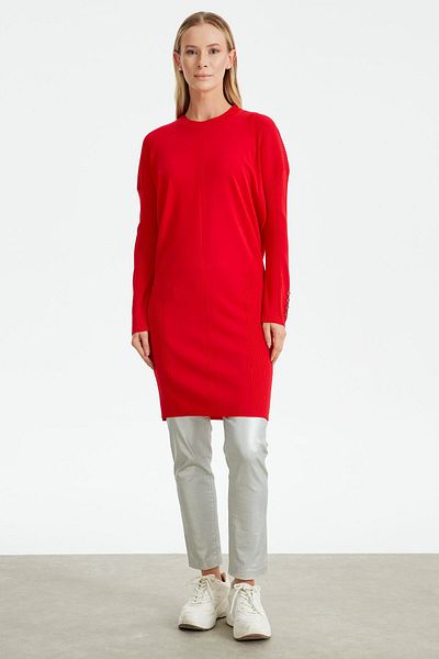 Tığ Triko Buttoned Sleeves Knit Detailed Rayon Tunic RED