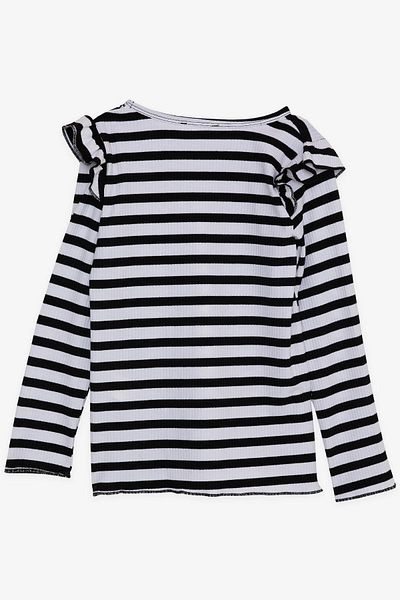 Breeze Tricou cu mânecă lungă pentru fetiță, cu umăr în dungi, cu volane, 6-12 ani, culori mixte