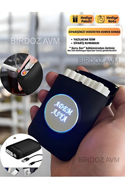 birdoz avm Kişiye Özel İsimli Tasarım Işıklı Şarjlı Çakmak Sigara Lüx Tabaka