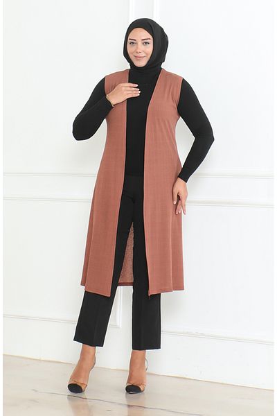 sefamerve Large Size Draped Long Seasonal Vest 8739-01 Brown