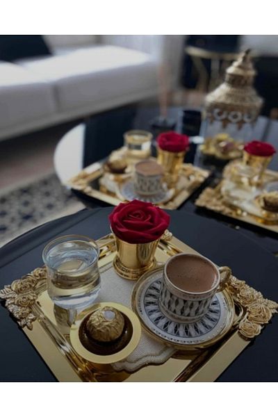 LOKMAN ZÜCCACİYE Full Gold Detailed 18/10 Steel Coffee Presentation Tray 4 Pieces