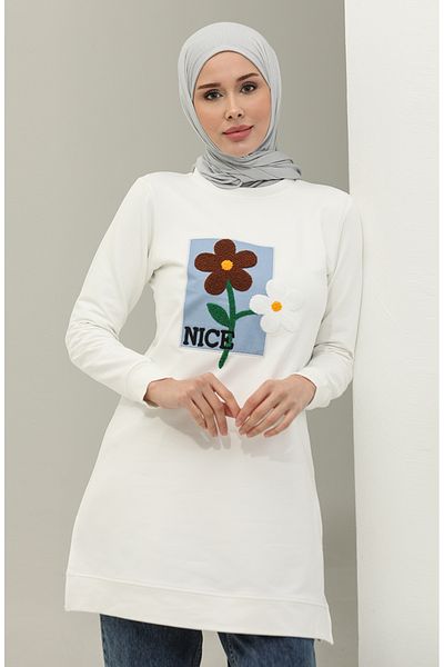 sefamerve Ecru Daisy Embroidered Tunic - 9116-03