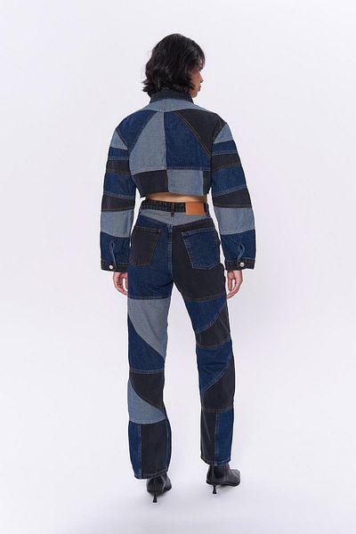 Quzu Navy Blue Color Block Detailed Jeans